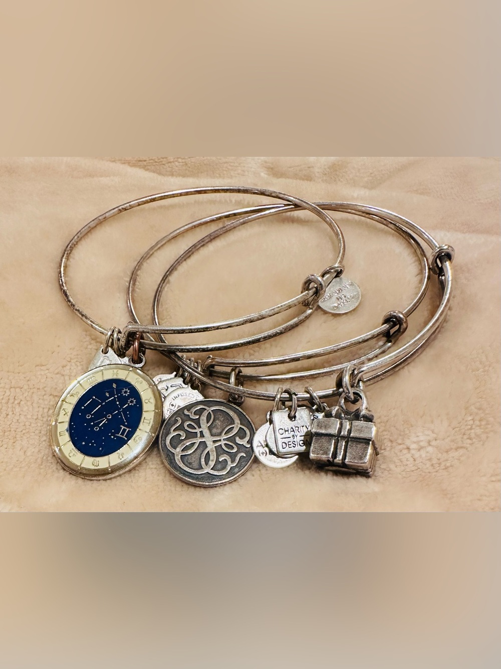 Alex and Ani Vintage Trio- Silver-Tone Charm Bangle Set with Blue Zodiac Disc